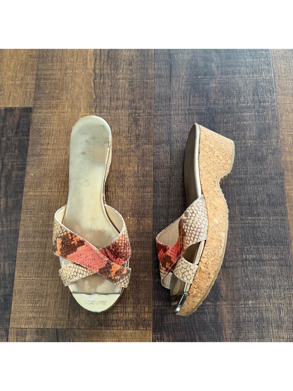Jimmy Choo Panna Snakeskin Cork Wedge Sandals Size 36.5